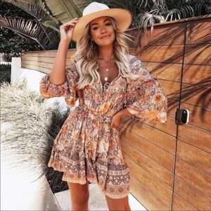 Boho Gypsy Pink Floral Print Front Tie Mini Dress